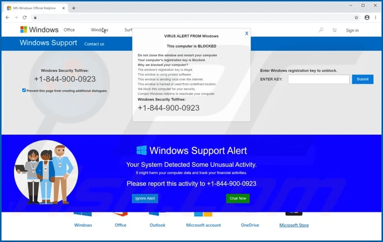 Tech support scammers may try to trick you with a pop-up window that appears on your computer screen